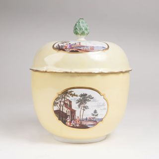 A lidded tureen with fine harbour scenes on yellow ground