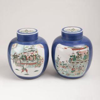 A Pair of 'Famille Verte' Ginger Jars with Figural Scenes