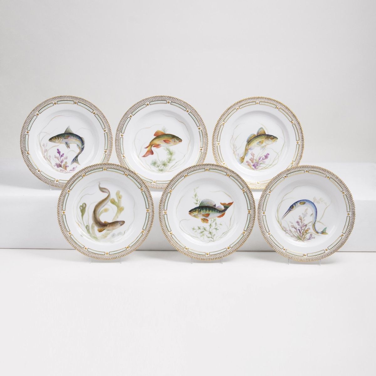 A Set of 6 Flora Danica Dinner Plates with Fish Specimens A Set of 6 Flora Danica Dinner Plates with Fish Specimens