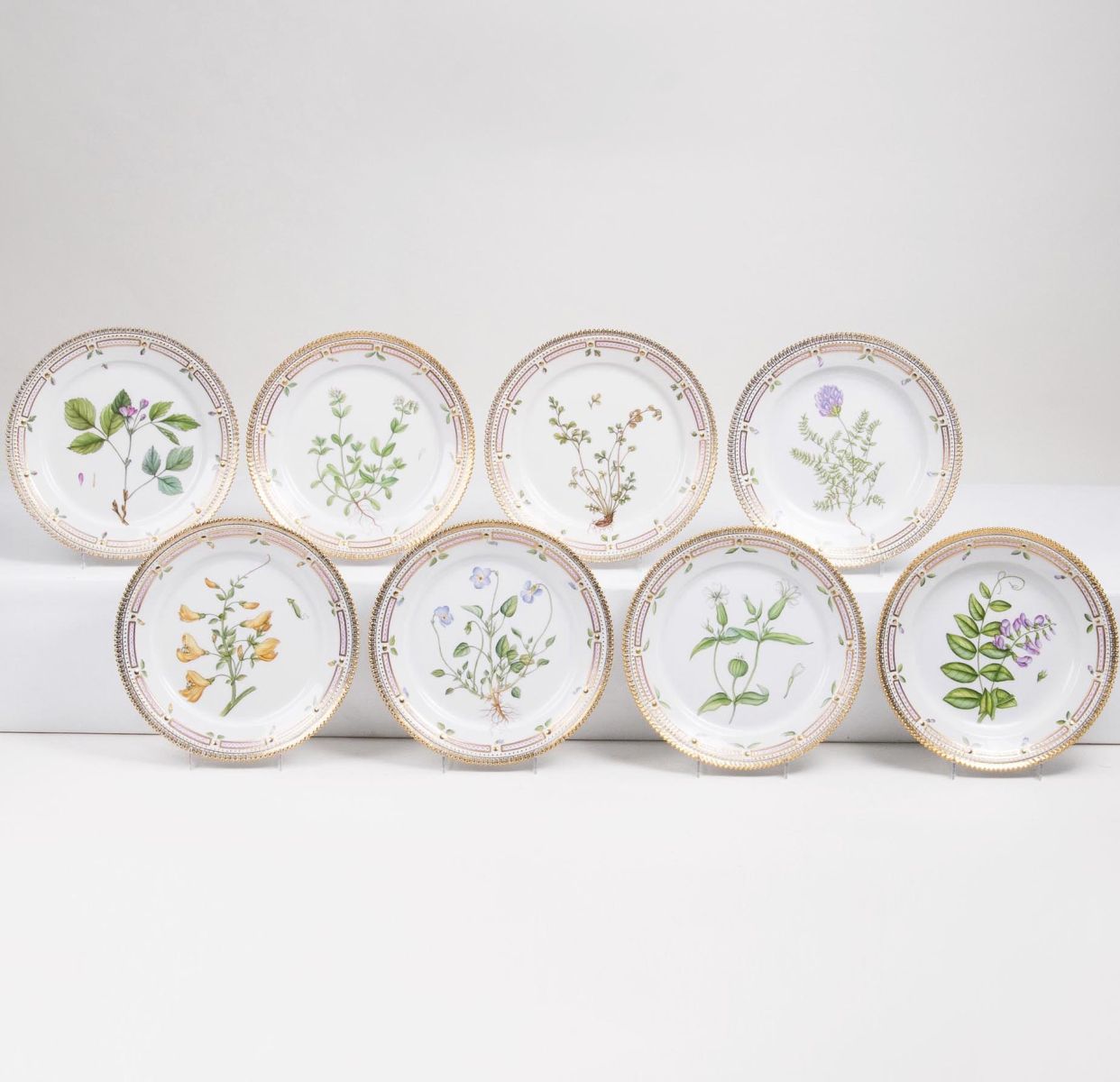 A Set ot 8 Flora Danica Breakfast Plates with Botanical Specimen
