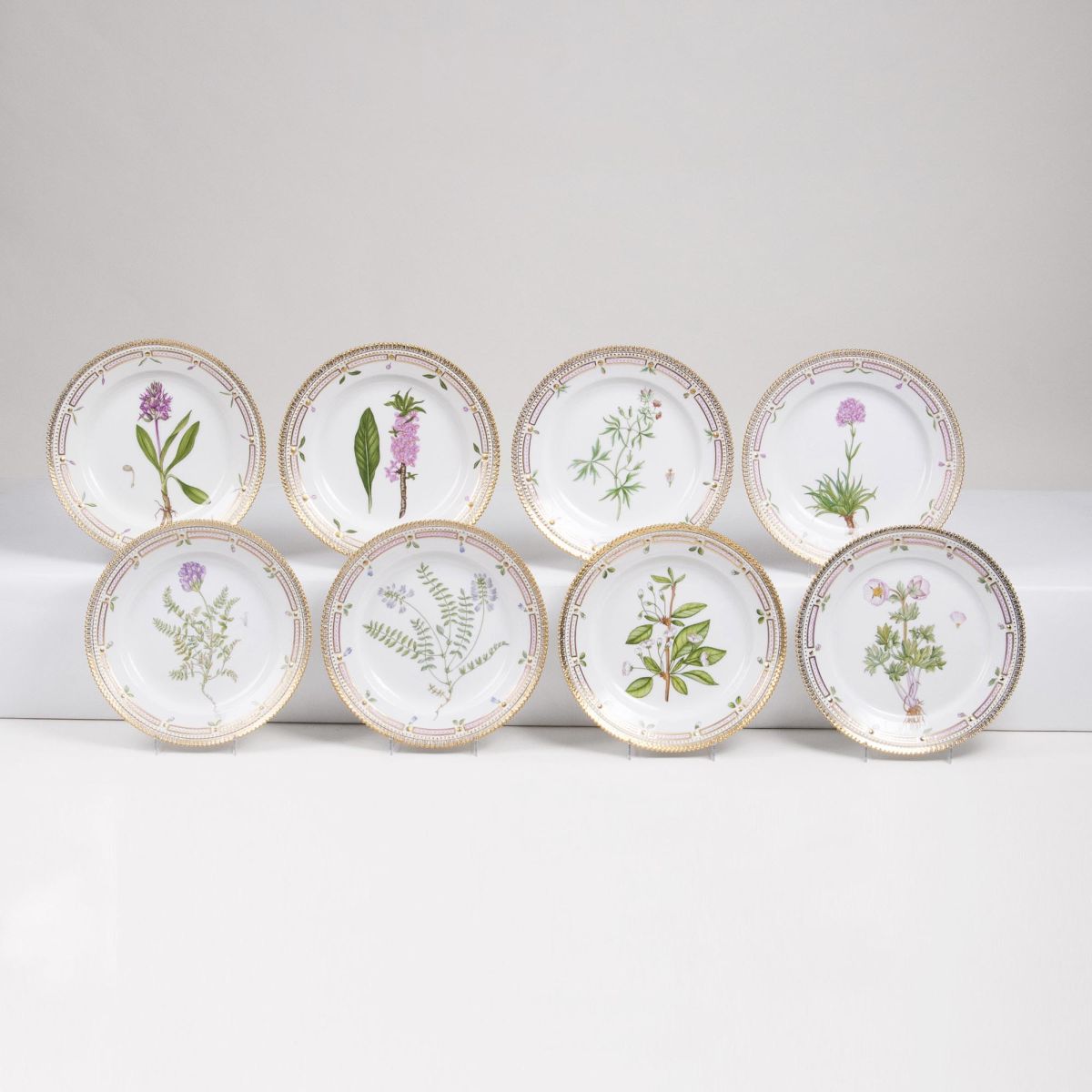 A Set of 8 Flora Danica Breakfast Plates with Botanical Specimen