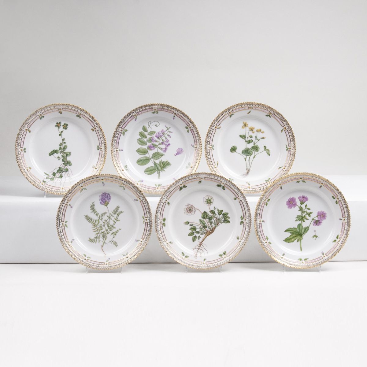 A Set of 6 Flora Danica Breakfast Plates with Botanical Specimen