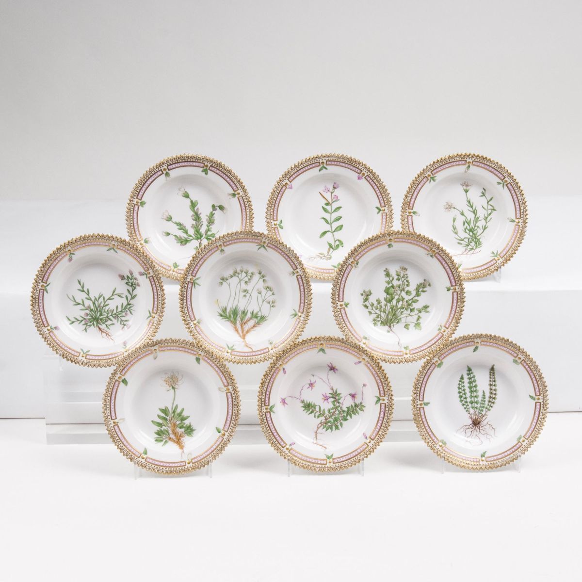 A Set of 9 small and deep Flora Danica Bread Plates with Botanical Specimens A Set of 9 small and deep Flora Danica Bread Plates with Botanical Specimens