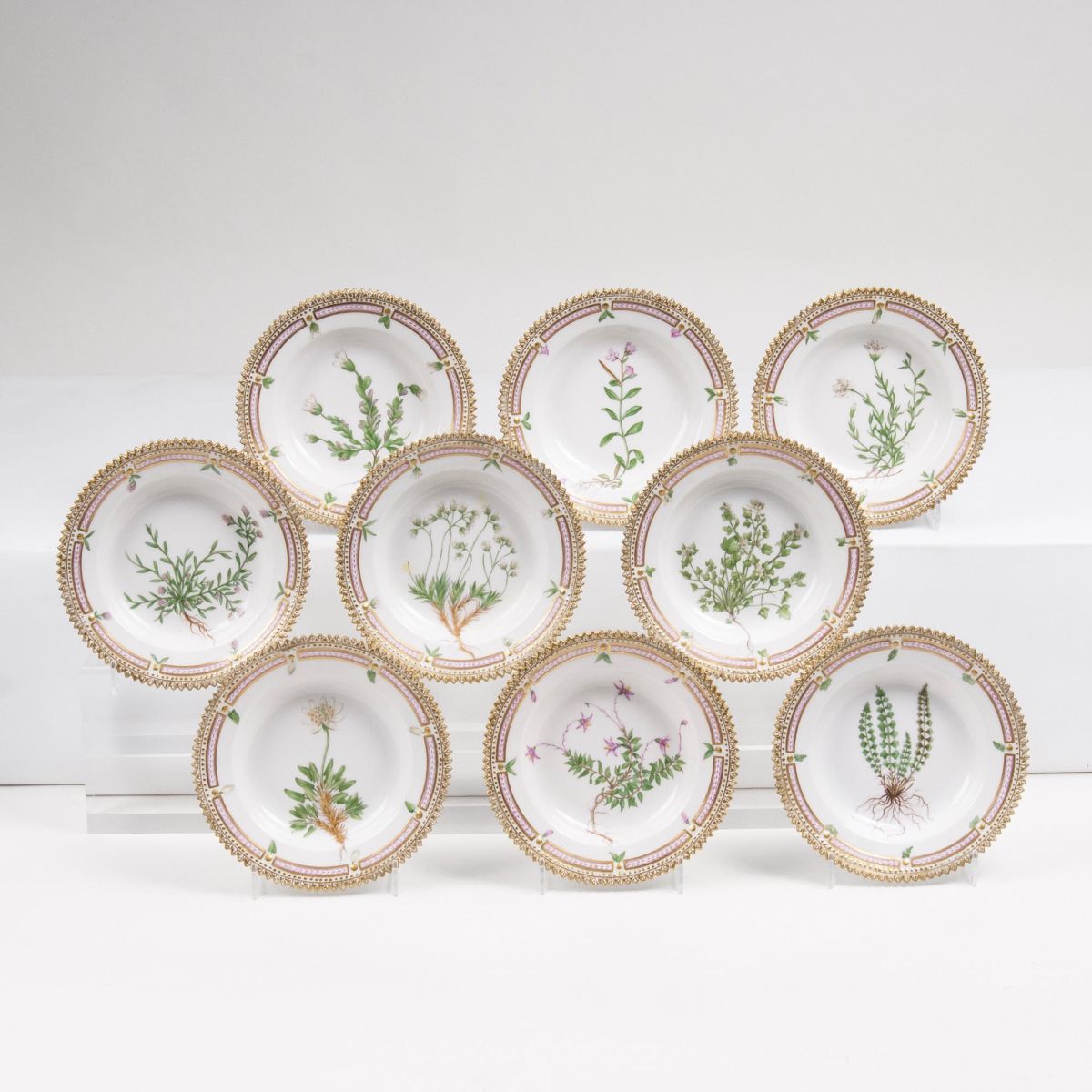 A Set of 9 small and deep Flora Danica Bread Plates with Botanical Specimens