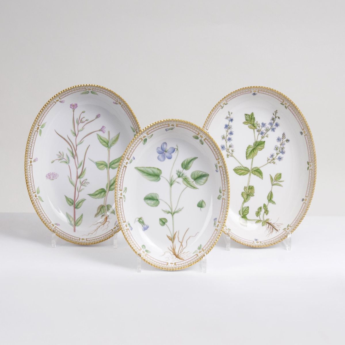A Set of 3 oval Flora Danica Bowls with Botanical Specimens A Set of 3 oval Flora Danica Bowls with Botanical Specimens