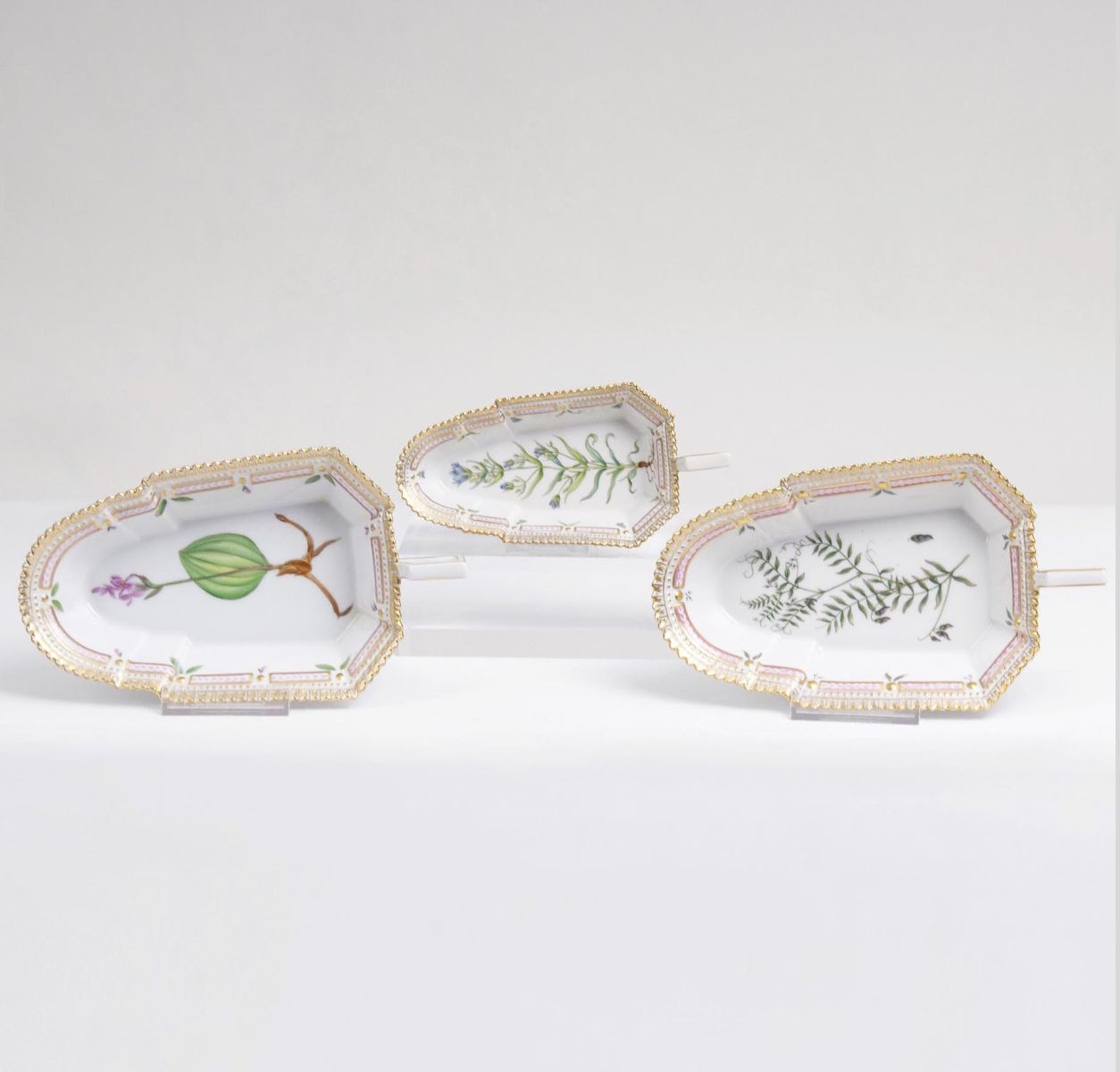 A Set of 3 oval Flora Danica Dishes with Handles A Set of 3 oval Flora Danica Dishes with Handles