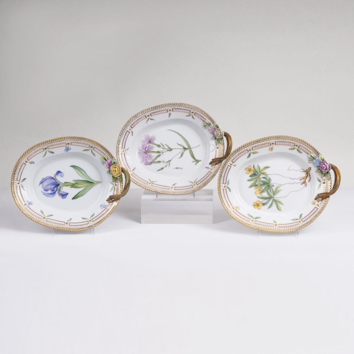 Three oval Flora Danica Dishes with Branch Handles and Botanical Specimens