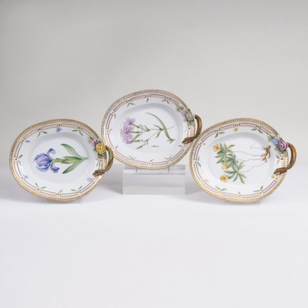 Three oval Flora Danica Dishes with Branch Handles and Botanical Specimens Three oval Flora Danica Dishes with Branch Handles and Botanical Specimens