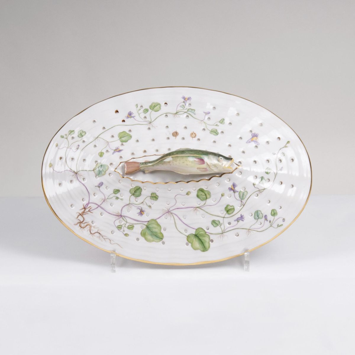 A reticulated Flora Danica Lid/Colander with Trout Handle A reticulated Flora Danica Lid/Colander with Trout Handle