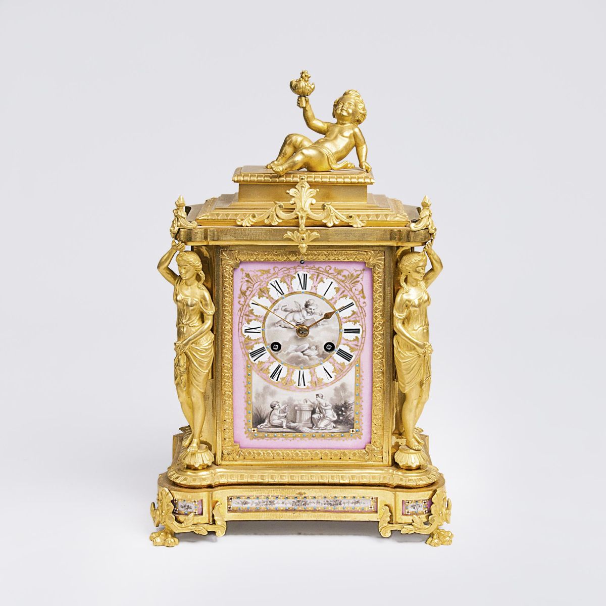 A Napoléon III Pendule with Caryatids and Sèvres Porcelain Plates 'Requiem'