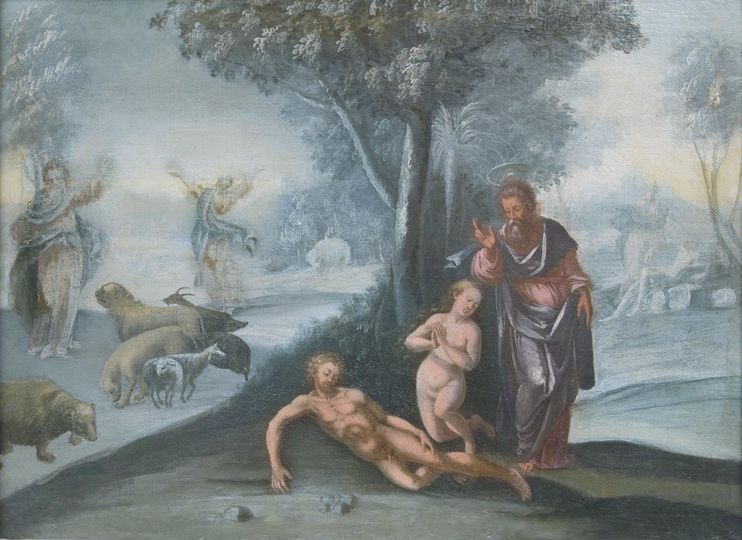 Seltene Folge von 4 Gemälden: Die Geschichte der ersten Menschen