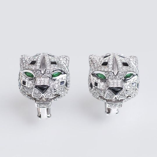 A Pair of Earrings 'Panther' with Diamonds and Onyx