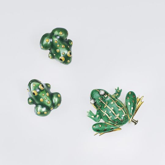 Vintage Schmuck-Set mit Emaille-Dekor 'Frösche'