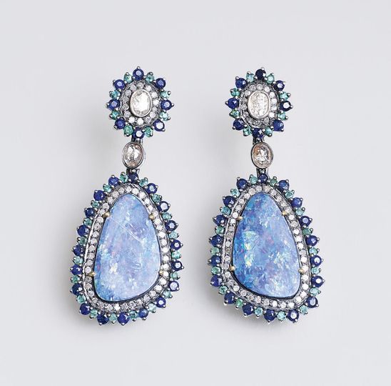 A Pair of Opal Diamond Earpendants with Emeralds and Sapphires