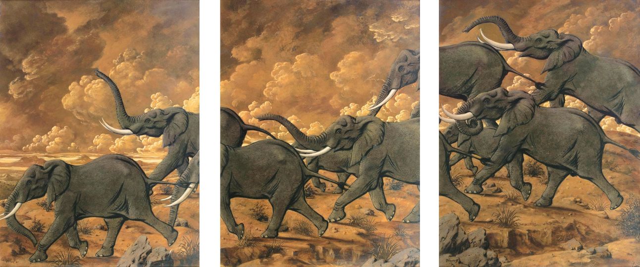 Triptych: Running Elephants