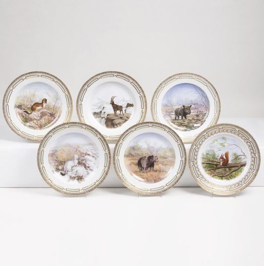 A Set of 6 Flora Danica Dinner Plates with Animals