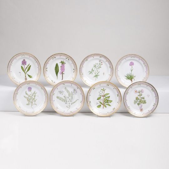 A Set of 8 Flora Danica Breakfast Plates with Botanical Specimen