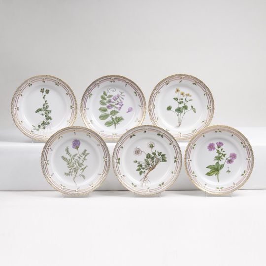 A Set of 6 Flora Danica Breakfast Plates with Botanical Specimen