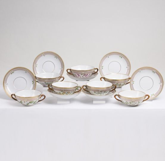 A Set of 7 Flora Danica Soup Cups with Saucers