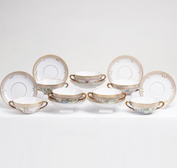 A Set of 7 Flora Danica Soup Cups with Saucers