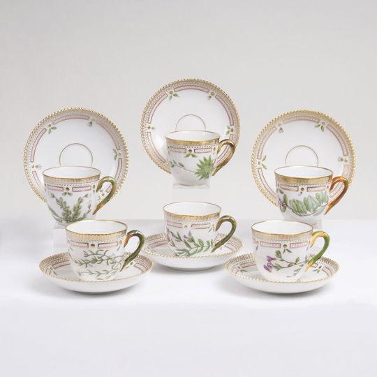 A Set of 6 Flora Danica Coffee Cups with Saucers