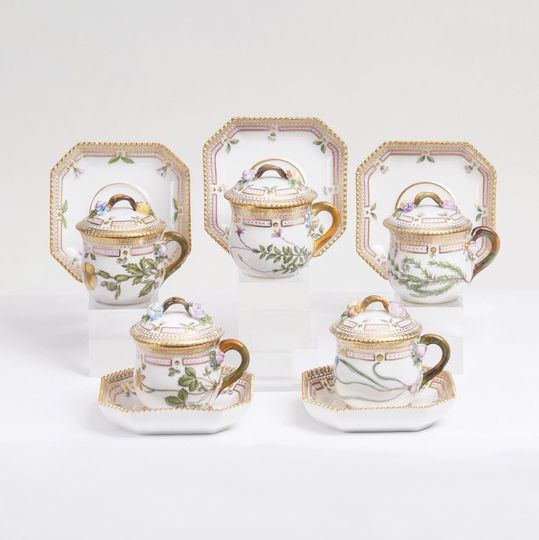 A Set of 5 small Flora Danica Lidded Bouillon Cups with Polygonal Saucers