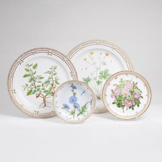 A four part Flora Danica Set of 3 round Platters and Bowl