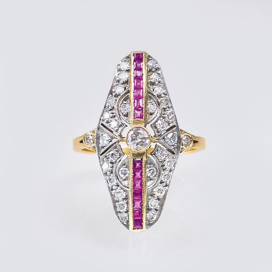 A Delicate Art-Nouveau Diamond Ruby Ring