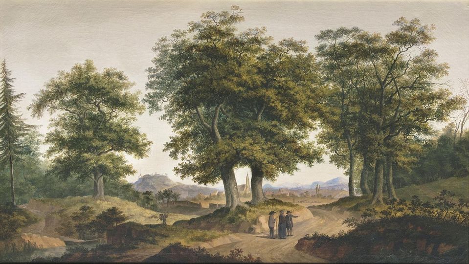 Landschaft mit Burg in der Ferne