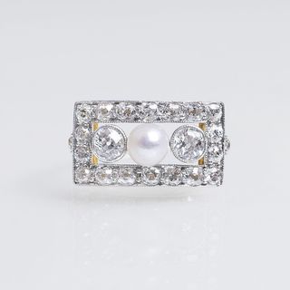 Art-déco Ring mit Altschliffdiamanten und Perle