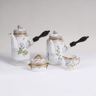 A Four-Part Flora Danica Set of Chocolatières, Milk Jug and Sugar Box