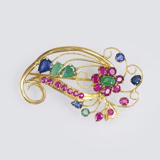 A Vintage Precious Stones Brooch with Rubies and Emeralds