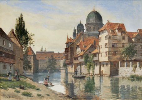 Nürnberg, Blick von der Insel Schütt zur Synagoge