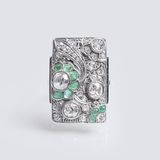 An Art-déco Ring with Old Cut Diamonds and Emeralds