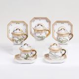 A Set of 5 small Flora Danica Lidded Bouillon Cups with Polygonal Saucers
