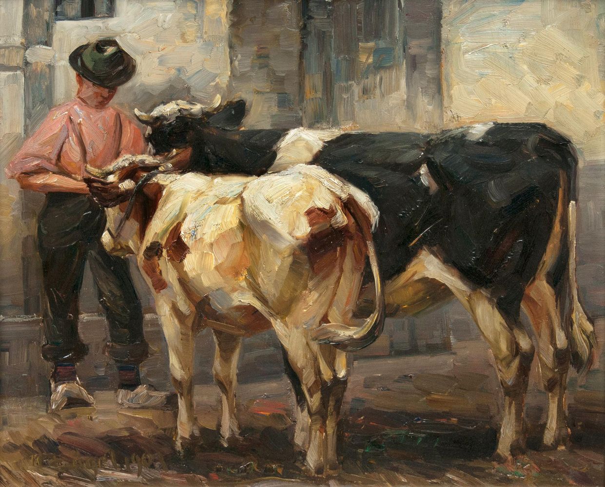 Farmer with Cow and Calf