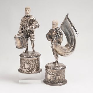 A Pair of Silver Figures 'Drummer' and 'Flag Bearer'