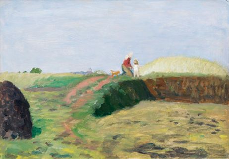 Sunny Landscape with Farmer Woman and Child