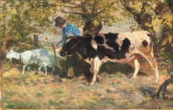 Farmer with Cow and Goats