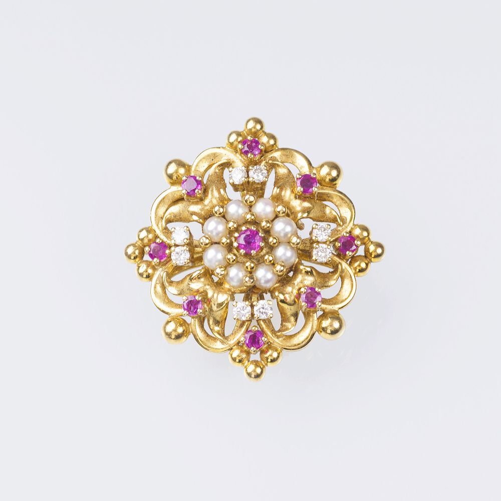 A small Ruby Diamond Brooch with Seedpearls