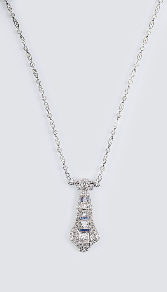 A long Art-déco Diamond Sapphire Necklace - image 2