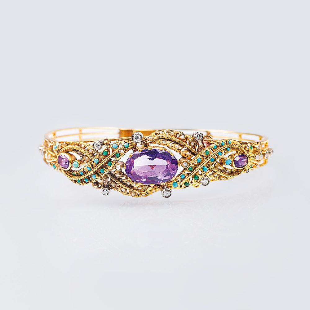 A Vintage Bangle Bracelet with Amethyst, Turquois and Diamonds