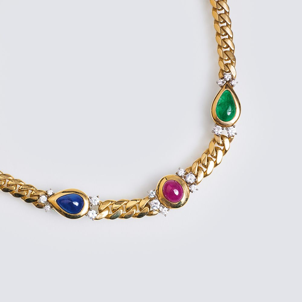 A Gold Necklace with feine coloured Gemstones and Diamonds