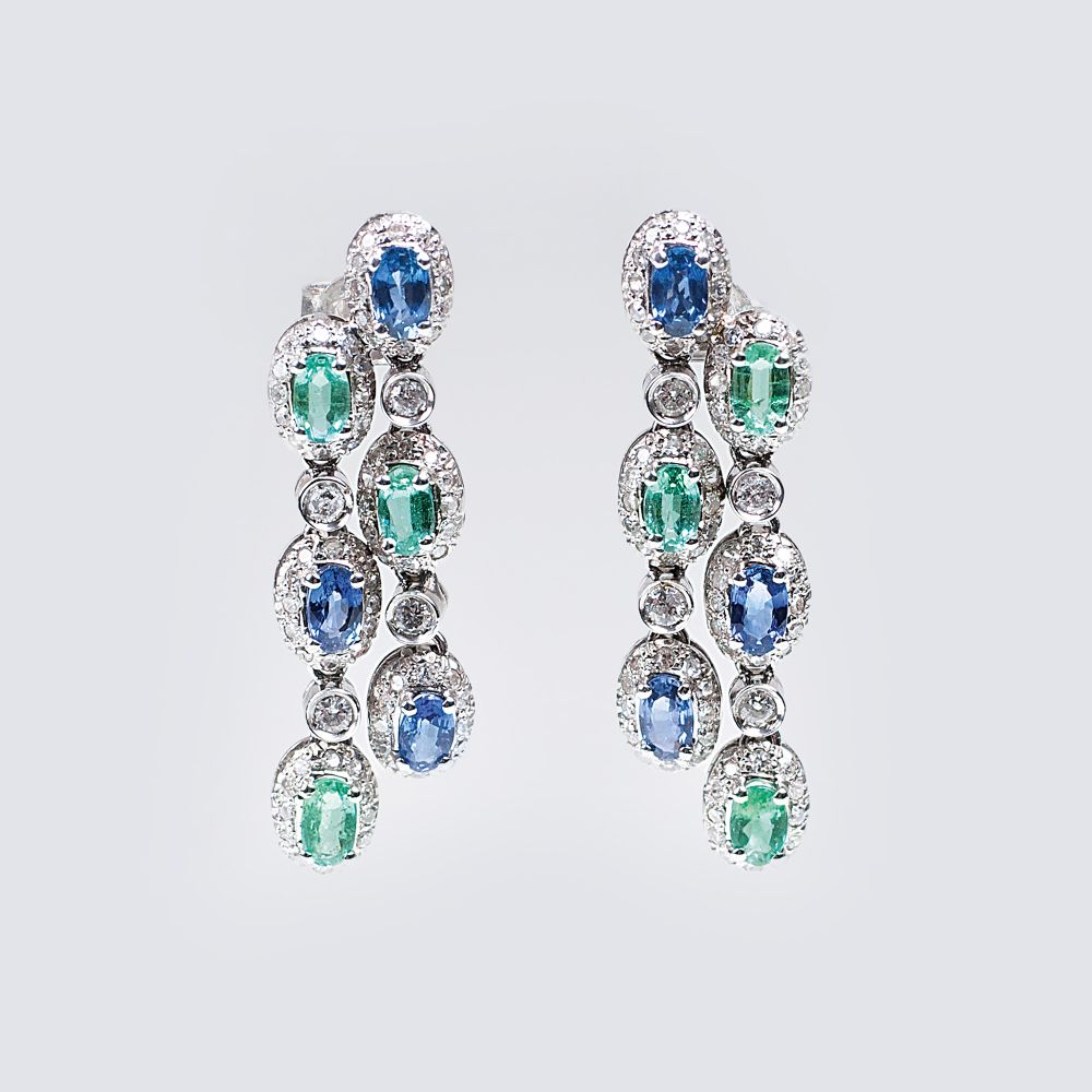 A Pair of Sapphire Emerald Diamond Earpendants