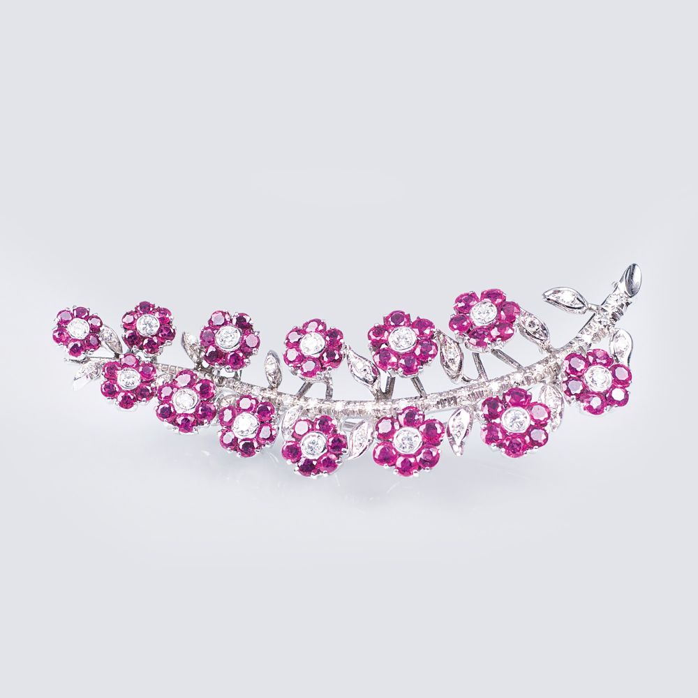 A Vintage Ruby Diamond Brooch with moveable Flowers