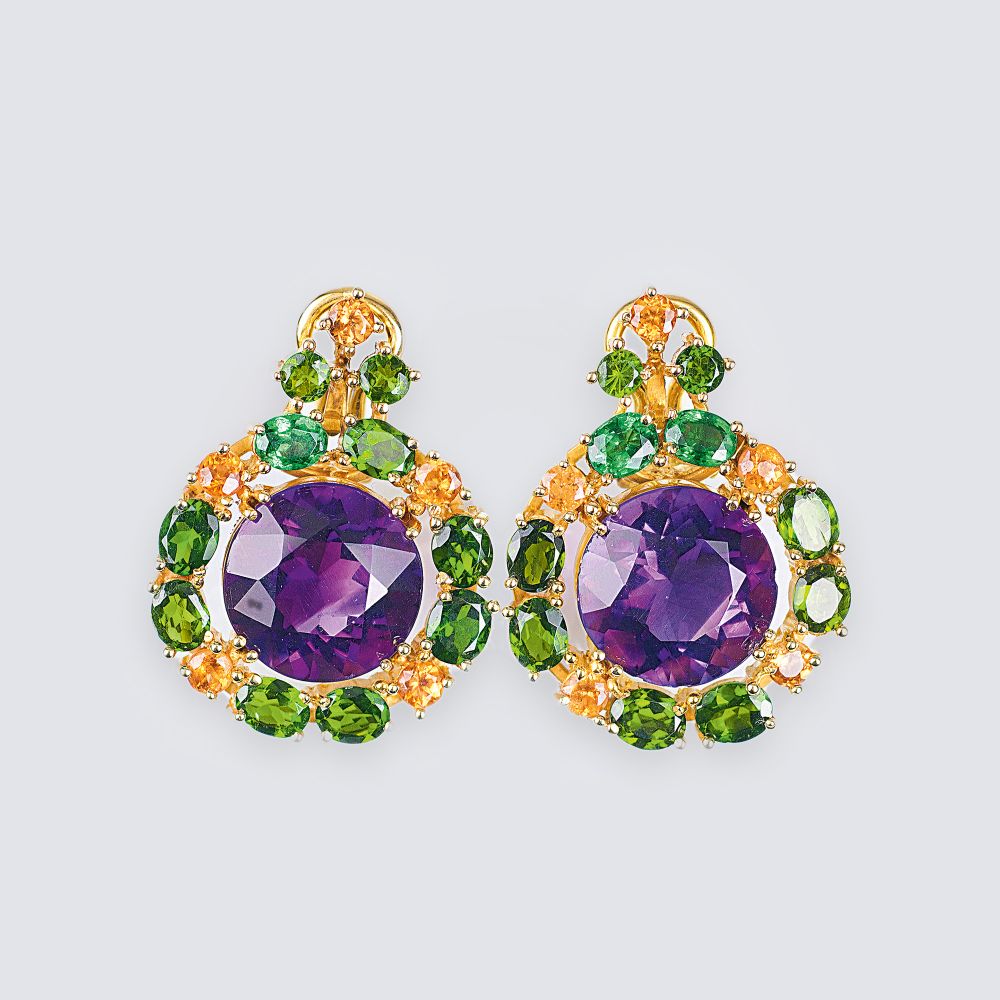A Pair of Amethyst Tsavorith Citrine Earrings A Pair of Amethyst Tsavorith Citrine Earrings
