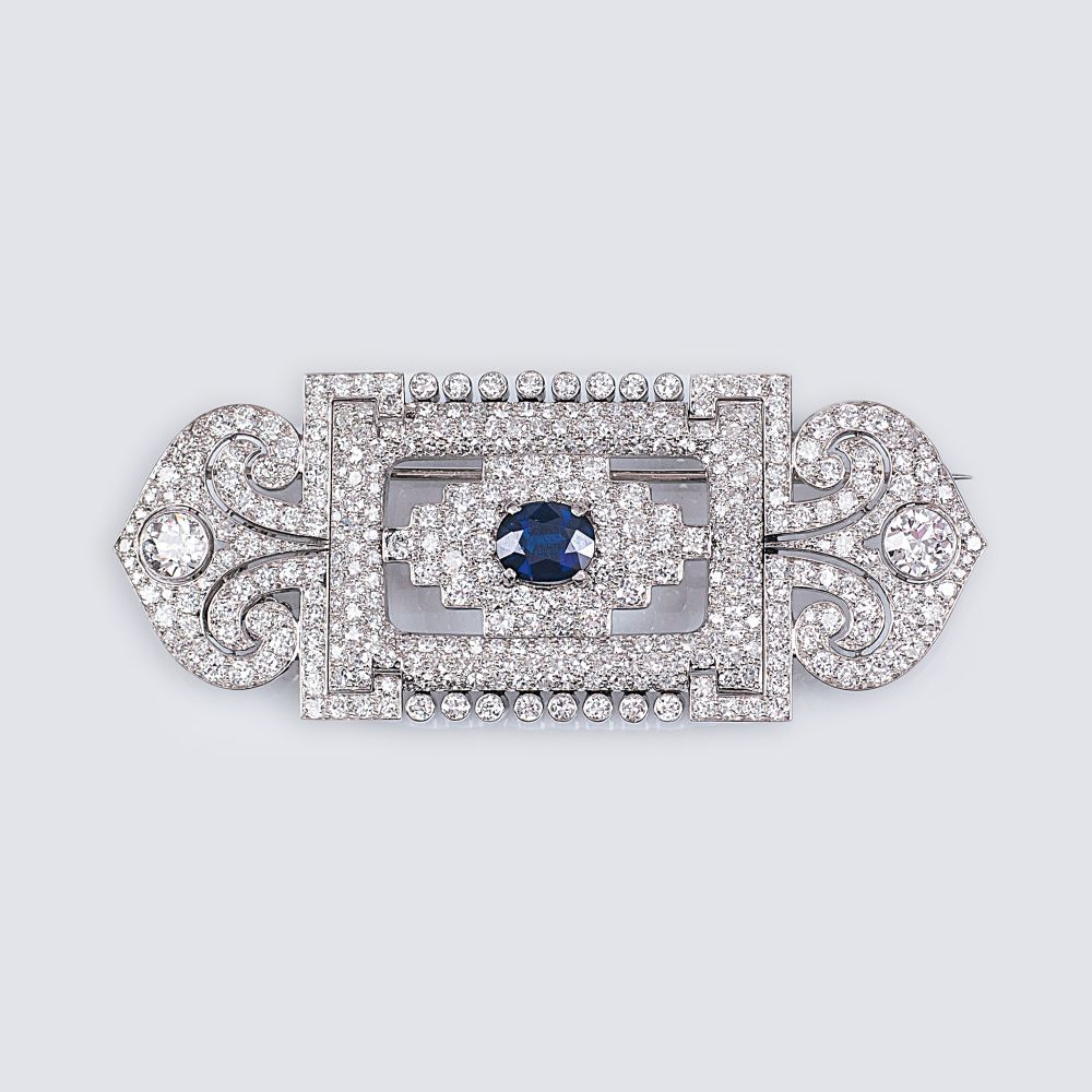 A Highcarat Art-déco Diamond Sapphire Brooch