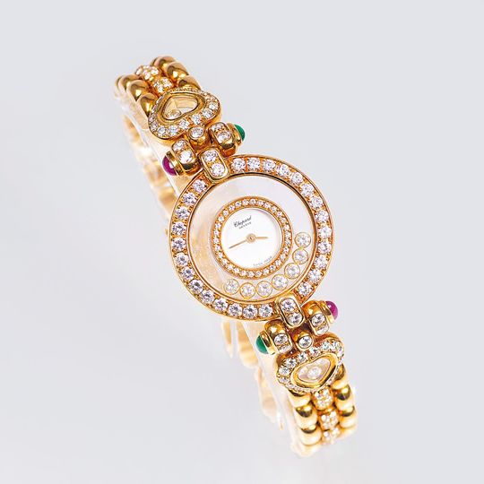 Gold Damen-Armbanduhr 'Happy Diamonds' mit reichem Brillant-Besatz