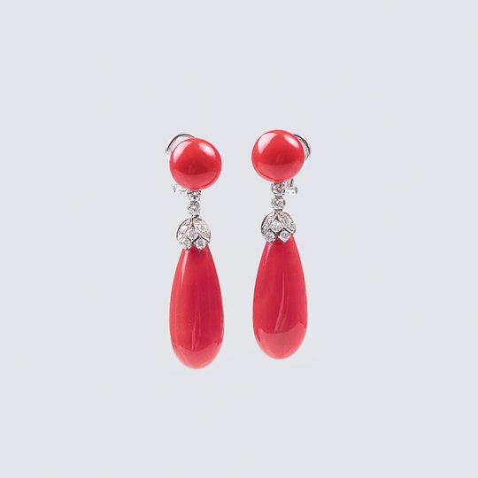 A Pair of Coral Earclip Pendants with Diamonds