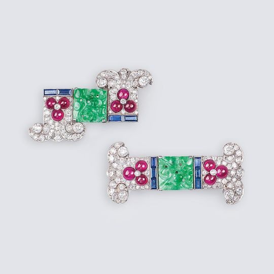 Paar Art-Déco Diamant-Clipbroschen mit Rubinen, Saphiren und Jade